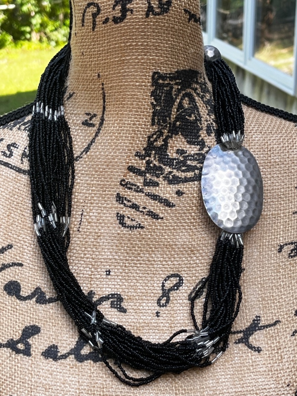 Bold Multi Strands Black Seed Beads Hammered Disc Tribal Necklace 25"
